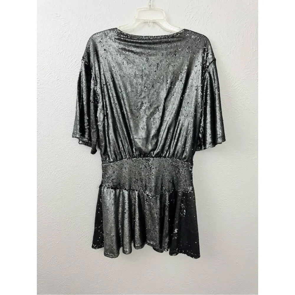Free People Sequin Mini Dress Size Medium Silver Black Batwing Flawed AS-IS